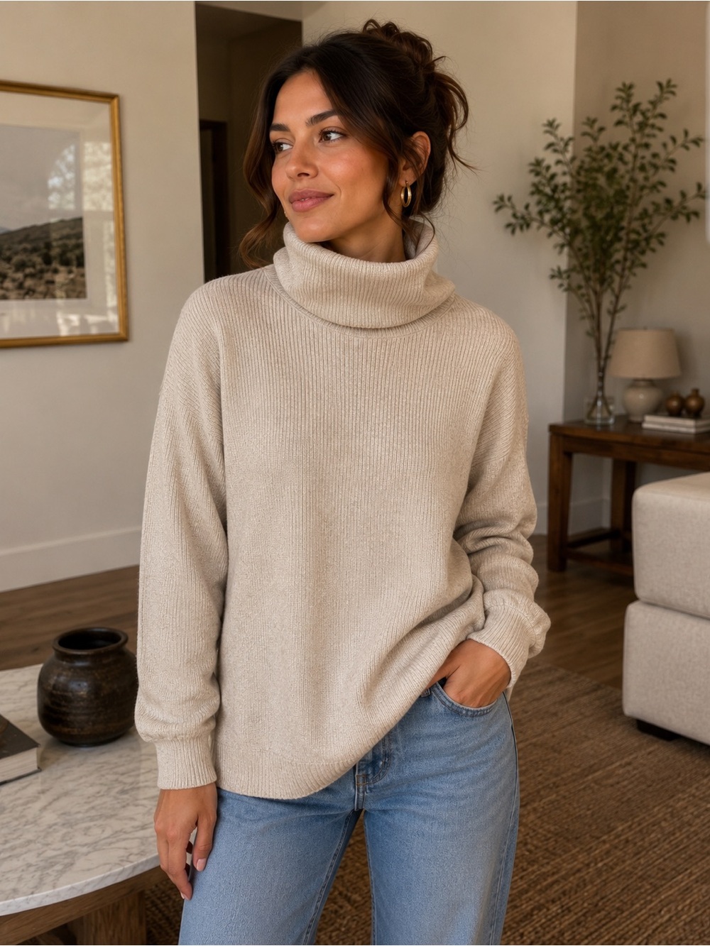 Free People Beige-Cream Turtleneck Sweater